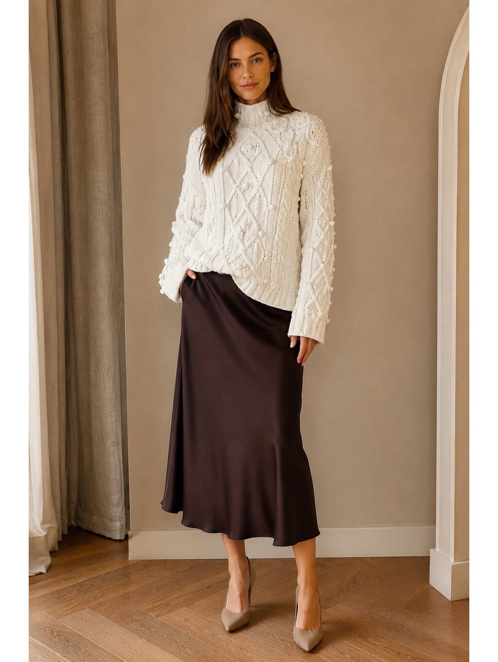 Rebecca Taylor Ivory Cable Knit Pom Pom Merino Wool Sweater